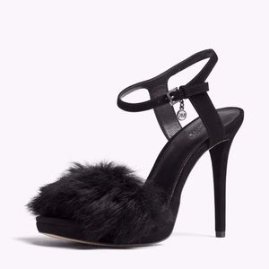 NWOT Michael Kors Faye Fur Sandal Suede Black Silver Charm Ankle Strap Open Toe
